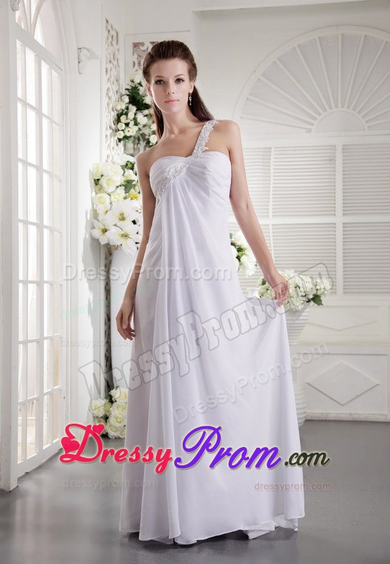 White One Shoulder Brush Train Appliqued Ruched Senior Prom