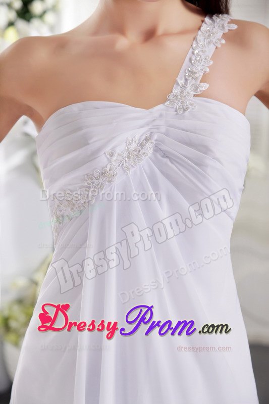 White One Shoulder Brush Train Appliqued Ruched Senior Prom