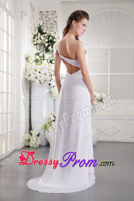 White One Shoulder Brush Train Appliqued Ruched Senior Prom