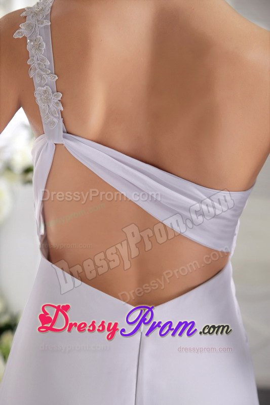 White One Shoulder Brush Train Appliqued Ruched Senior Prom