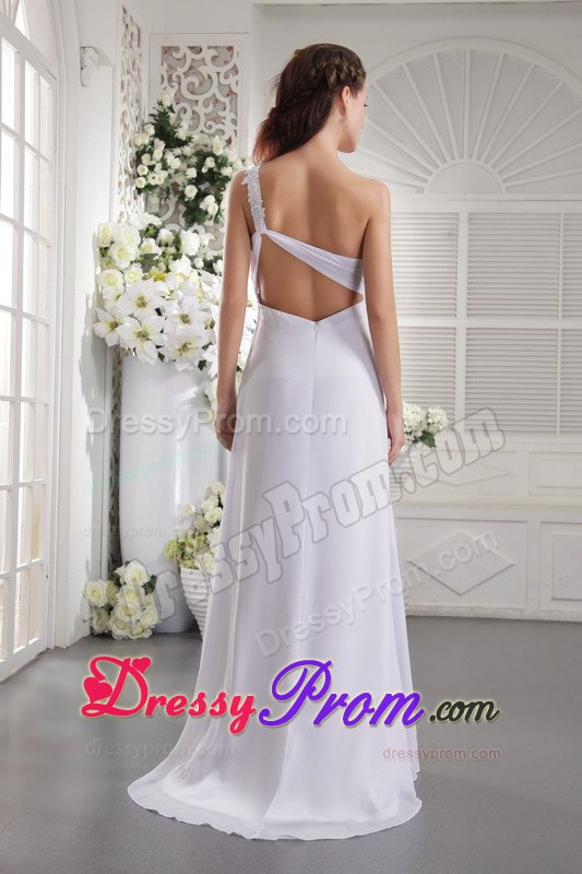 White One Shoulder Brush Train Appliqued Ruched Senior Prom