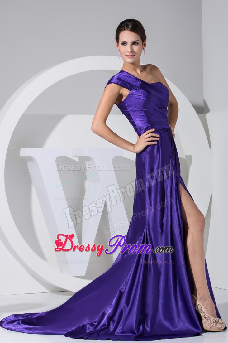 New Purple One Shoulder Ruched Slitted Dress for Prom Queen