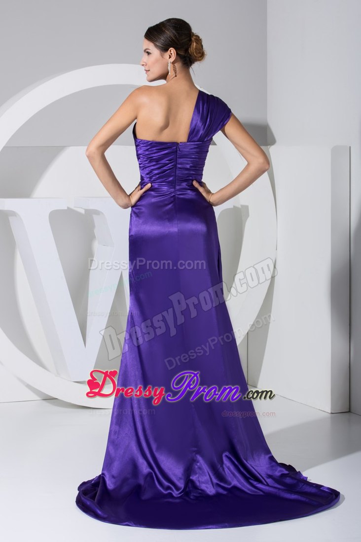 New Purple One Shoulder Ruched Slitted Dress for Prom Queen