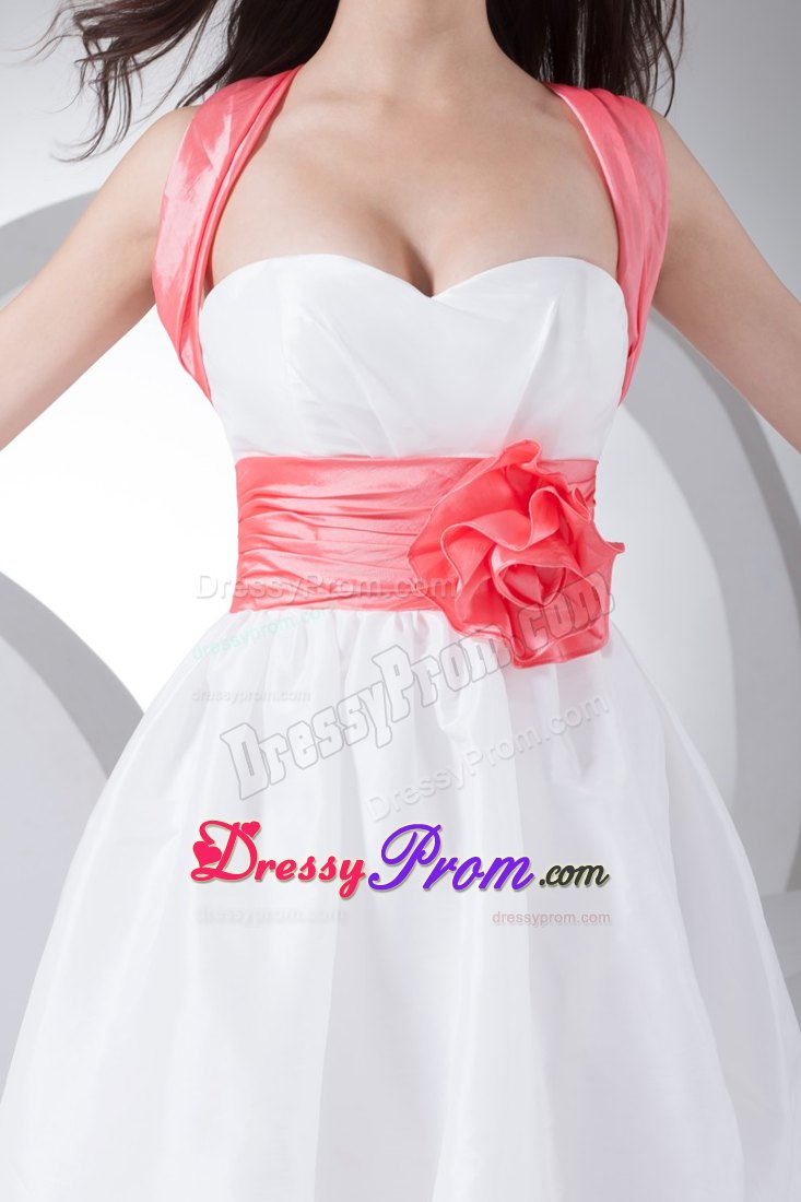 White A-line Straps Prom Dress for Girls with Hand Flower and Sash