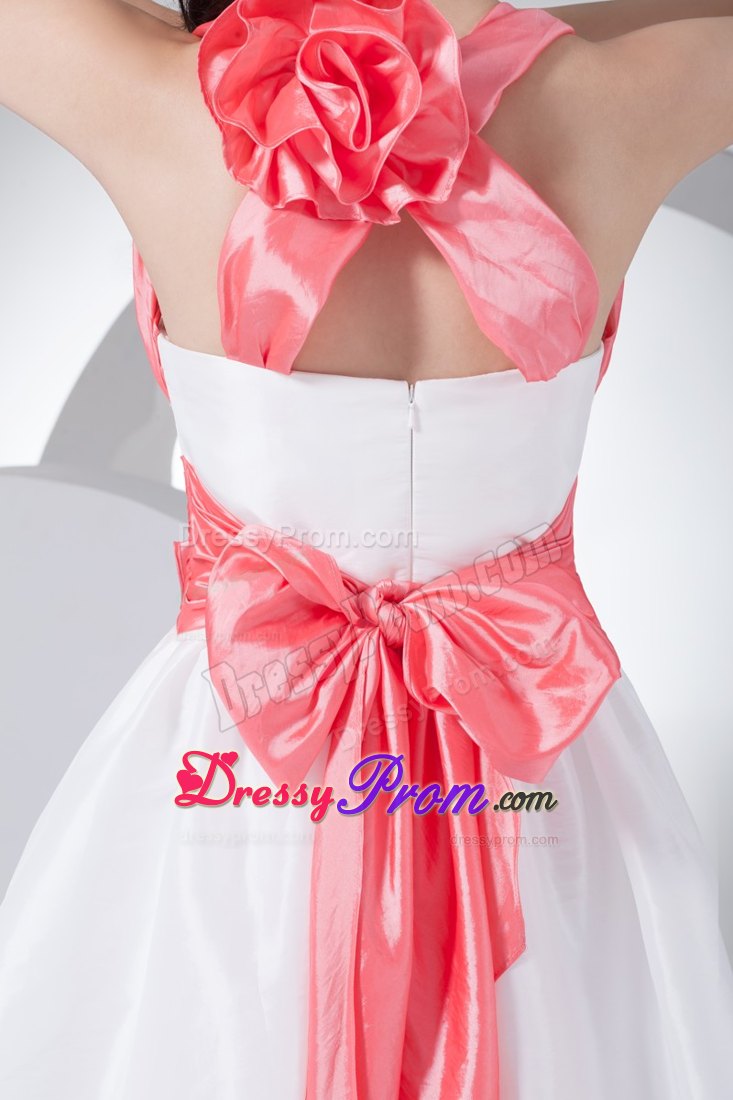 White A-line Straps Prom Dress for Girls with Hand Flower and Sash