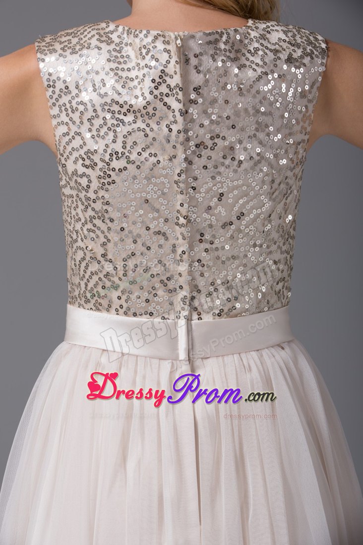 A-line Round Split Neck Prom Homecoming Dress in Cream Color
