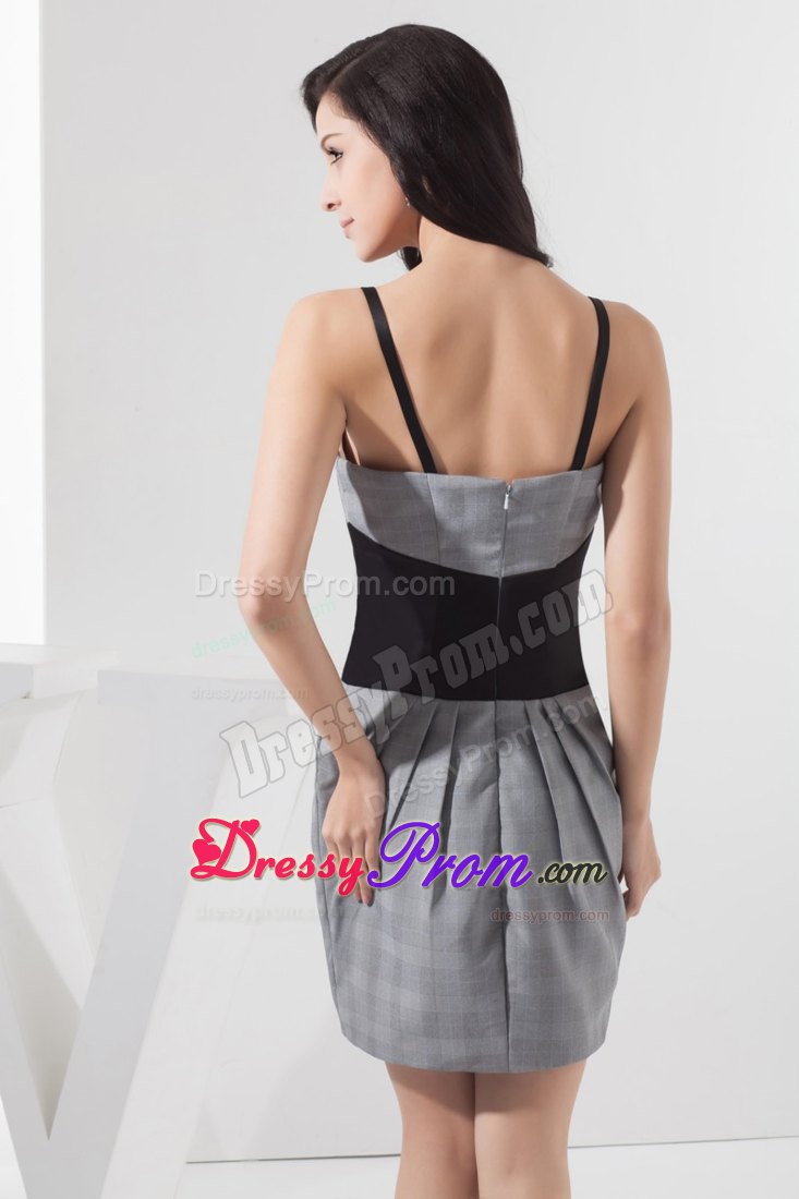 Plaid Grey Mini-length Prom Dress for Girls with Spaghetti Straps