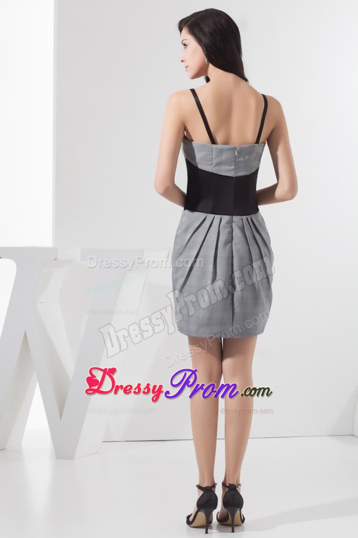 Plaid Grey Mini-length Prom Dress for Girls with Spaghetti Straps