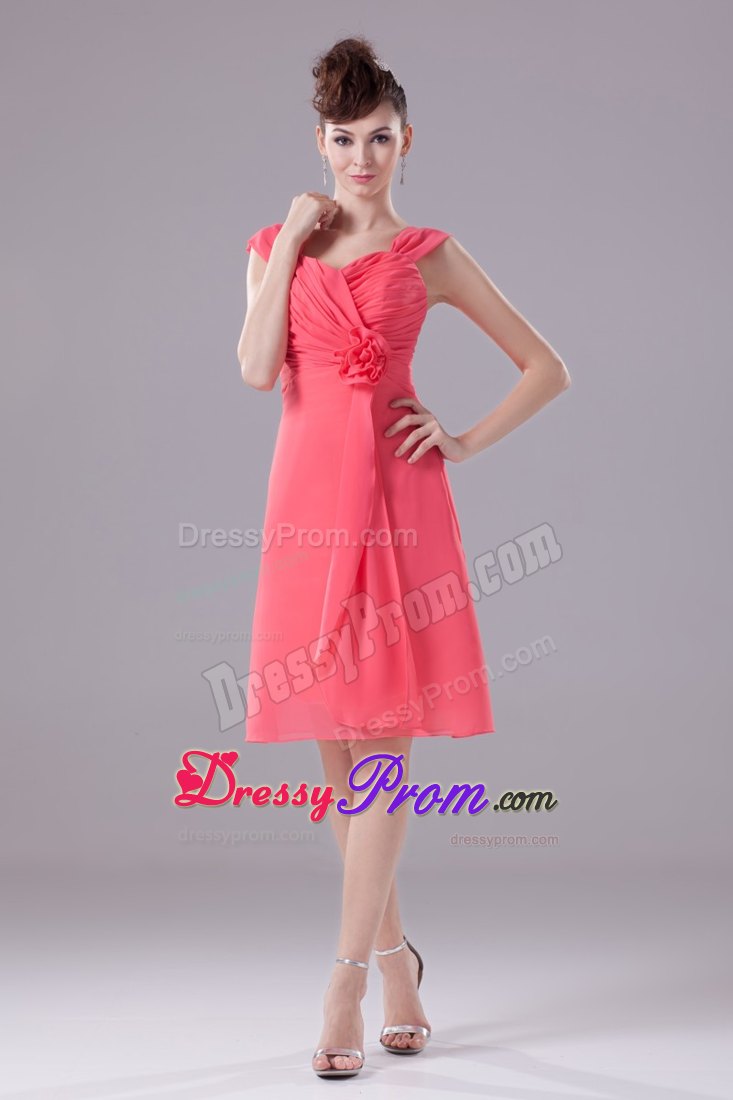 Watermelon Wide Straps Prom Dress with Handle Flower and Ruche