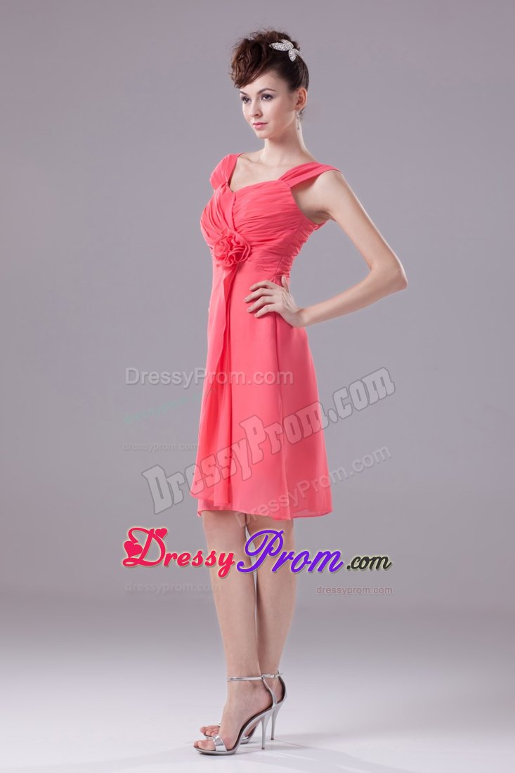 Watermelon Wide Straps Prom Dress with Handle Flower and Ruche