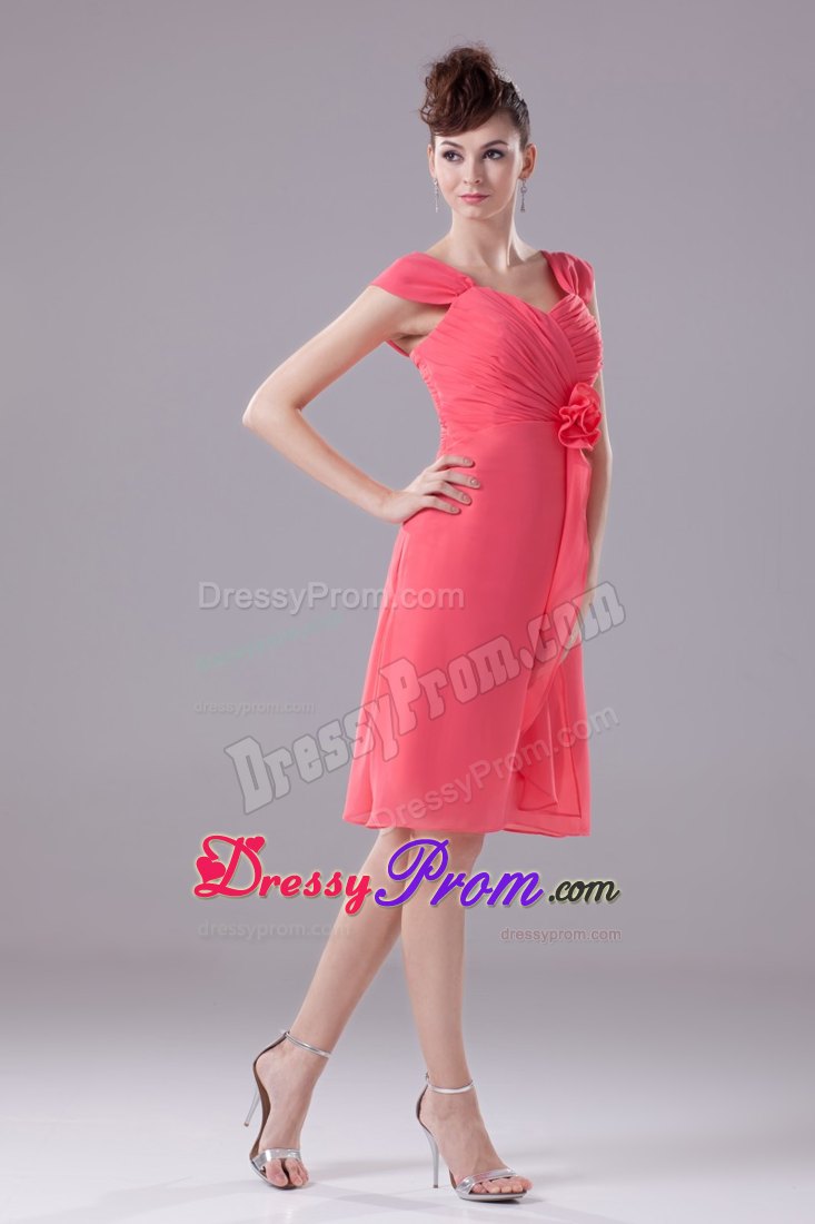 Watermelon Wide Straps Prom Dress with Handle Flower and Ruche