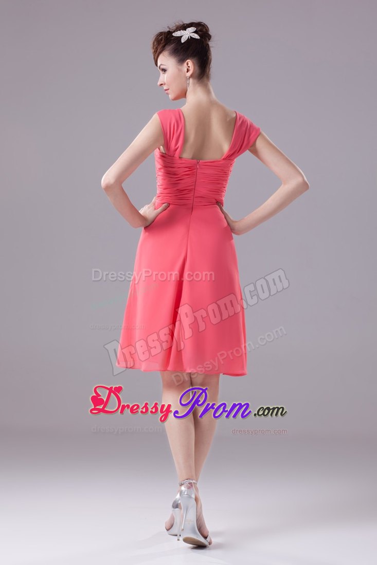 Watermelon Wide Straps Prom Dress with Handle Flower and Ruche