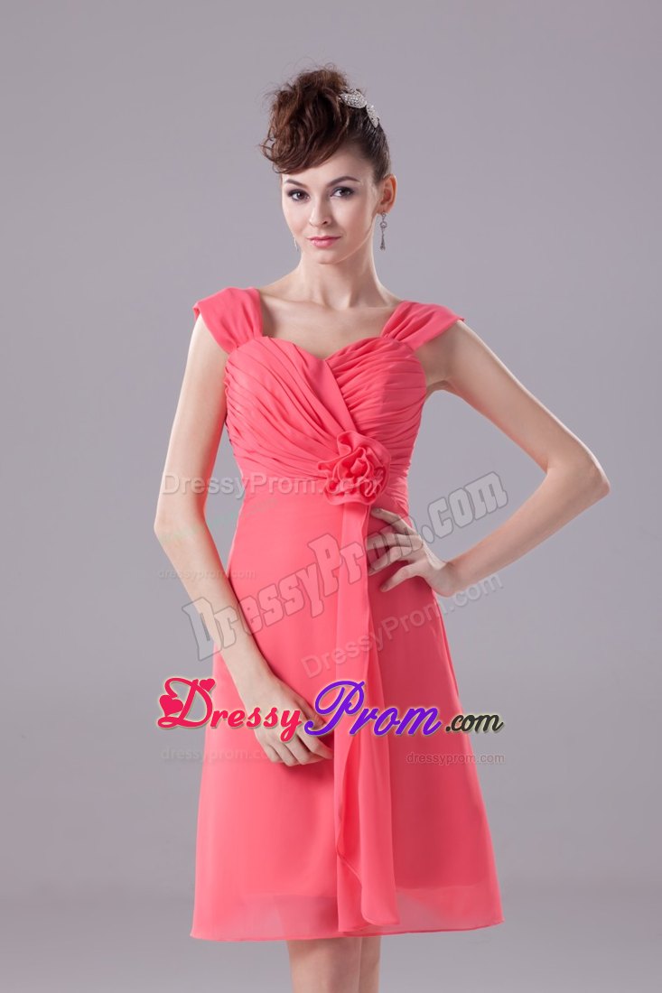 Watermelon Wide Straps Prom Dress with Handle Flower and Ruche