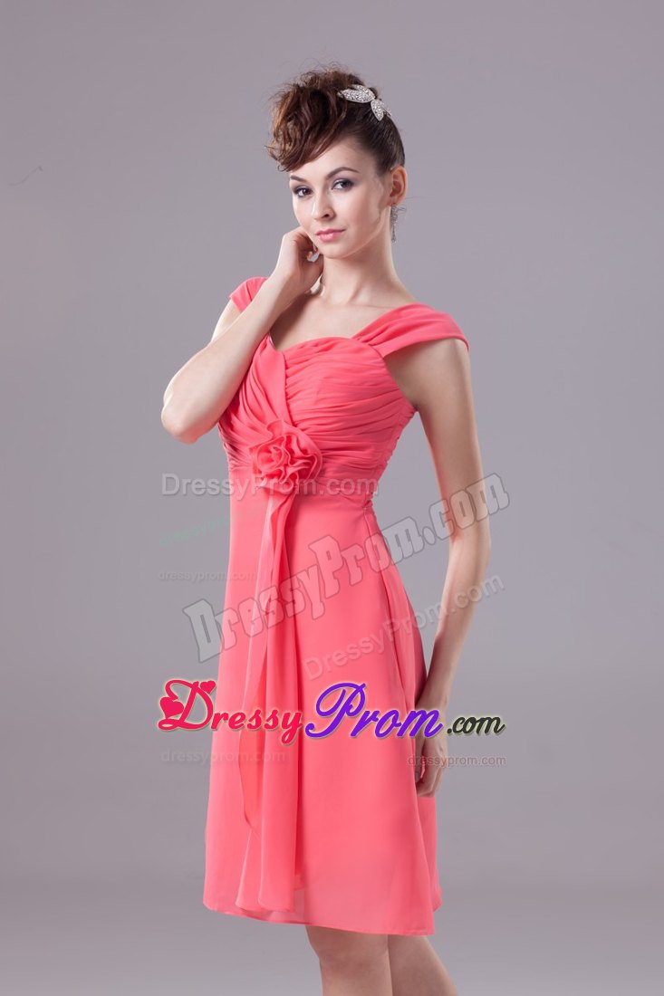 Watermelon Wide Straps Prom Dress with Handle Flower and Ruche