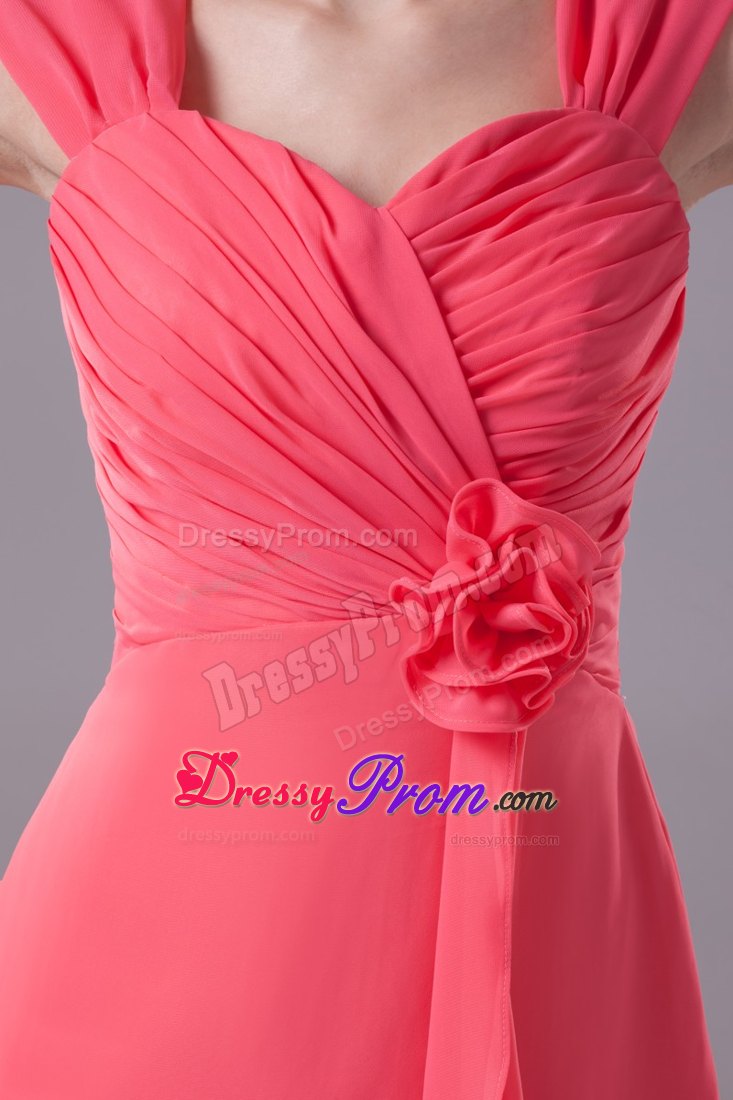 Watermelon Wide Straps Prom Dress with Handle Flower and Ruche