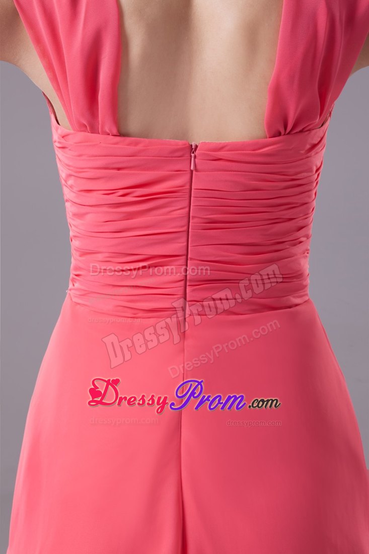 Watermelon Wide Straps Prom Dress with Handle Flower and Ruche