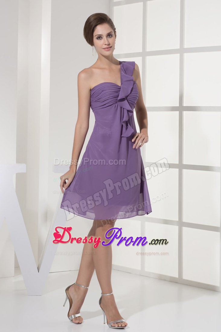 Empire One Shoulder Chiffon Prom Gown in Purple with Ruche and Ruffles