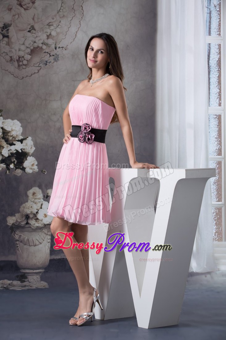 Pink Ruching Short Prom Gown with Handmade Flower and Black Sash