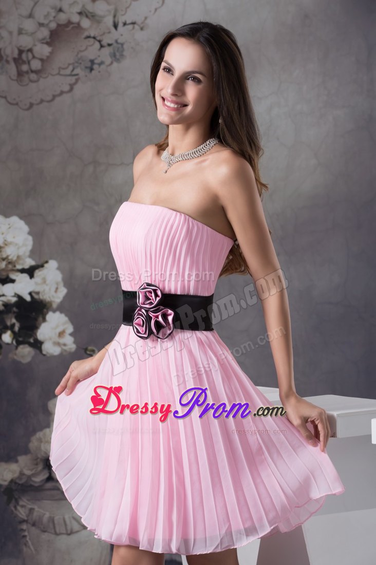 Pink Ruching Short Prom Gown with Handmade Flower and Black Sash