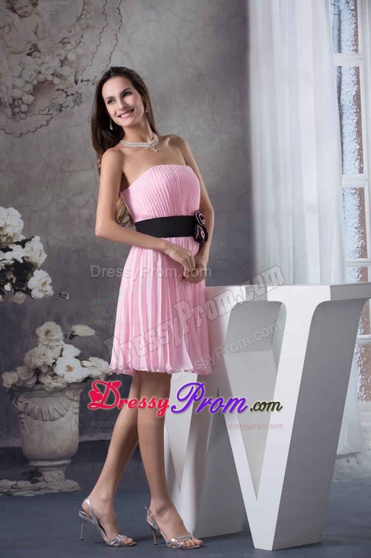 Pink Ruching Short Prom Gown with Handmade Flower and Black Sash
