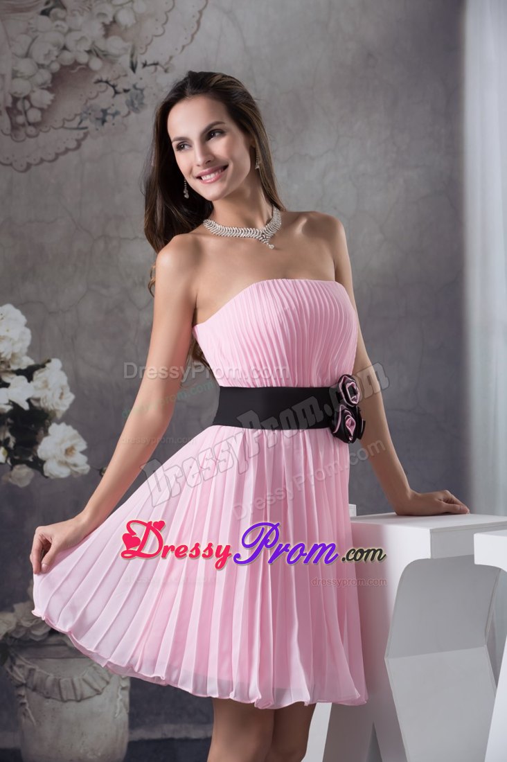 Pink Ruching Short Prom Gown with Handmade Flower and Black Sash