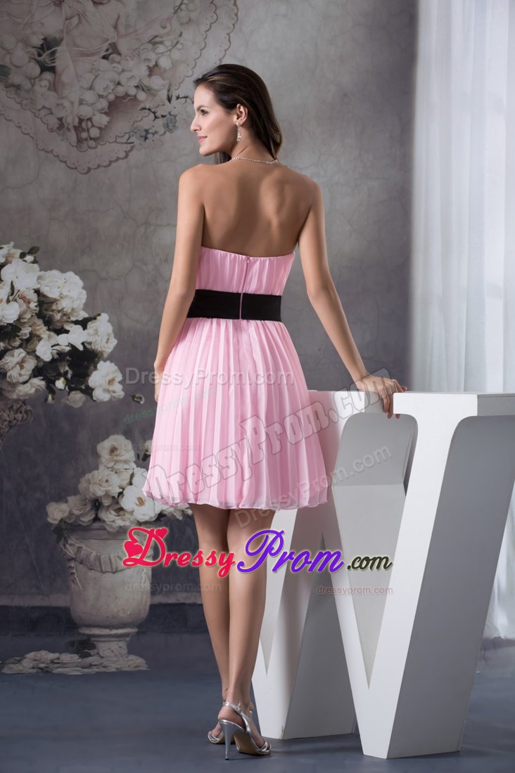 Pink Ruching Short Prom Gown with Handmade Flower and Black Sash