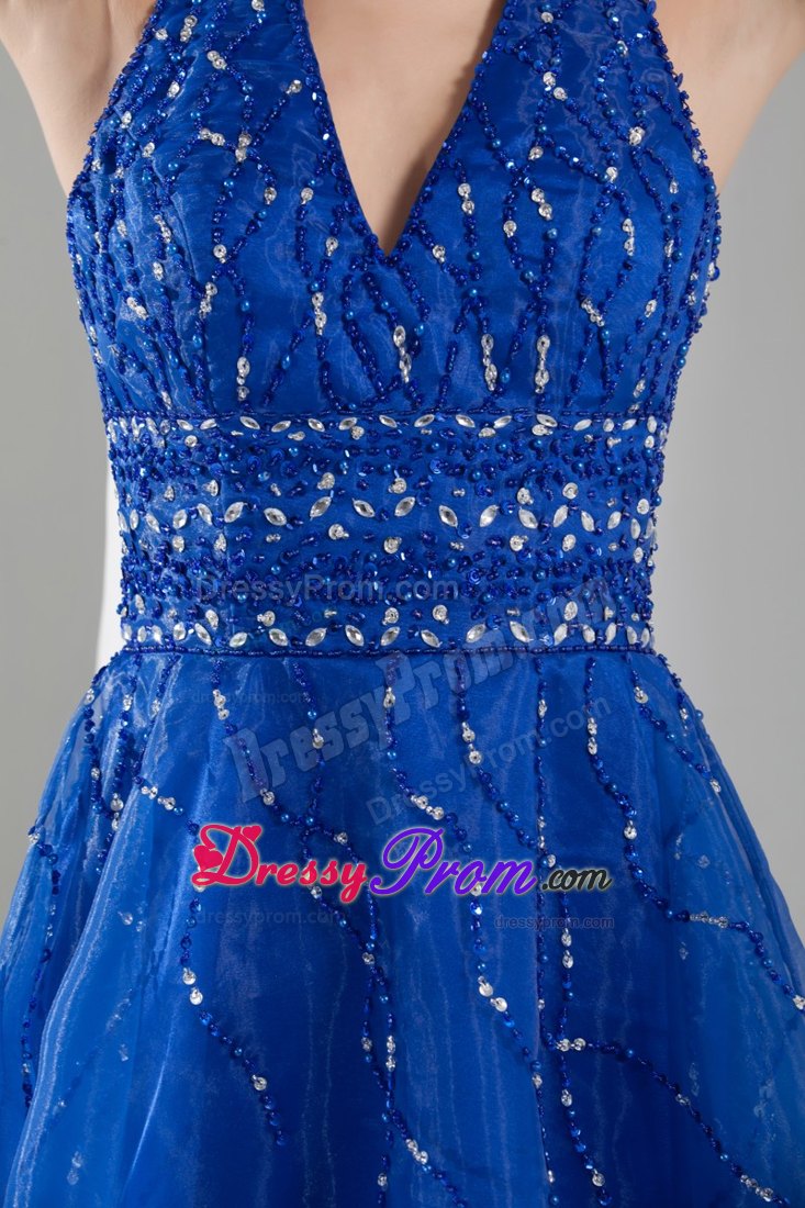 Halter Blue Mini-length Junior Prom Dress with beading and Organza Layers