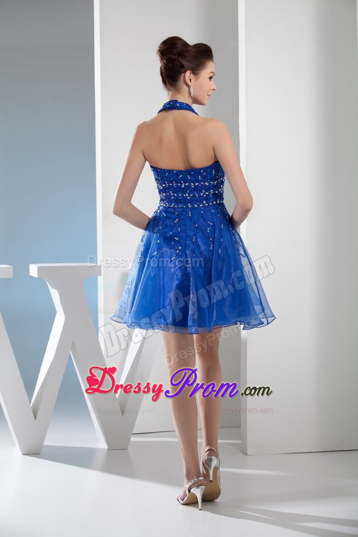 Halter Blue Mini-length Junior Prom Dress with beading and Organza Layers