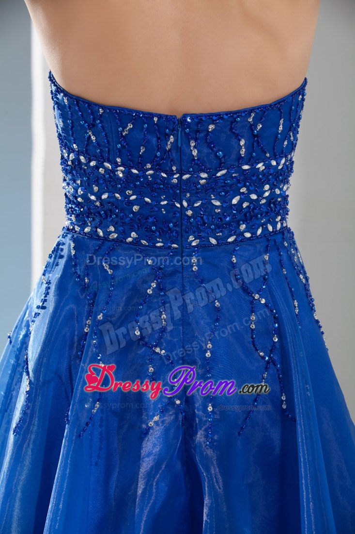 Halter Blue Mini-length Junior Prom Dress with beading and Organza Layers