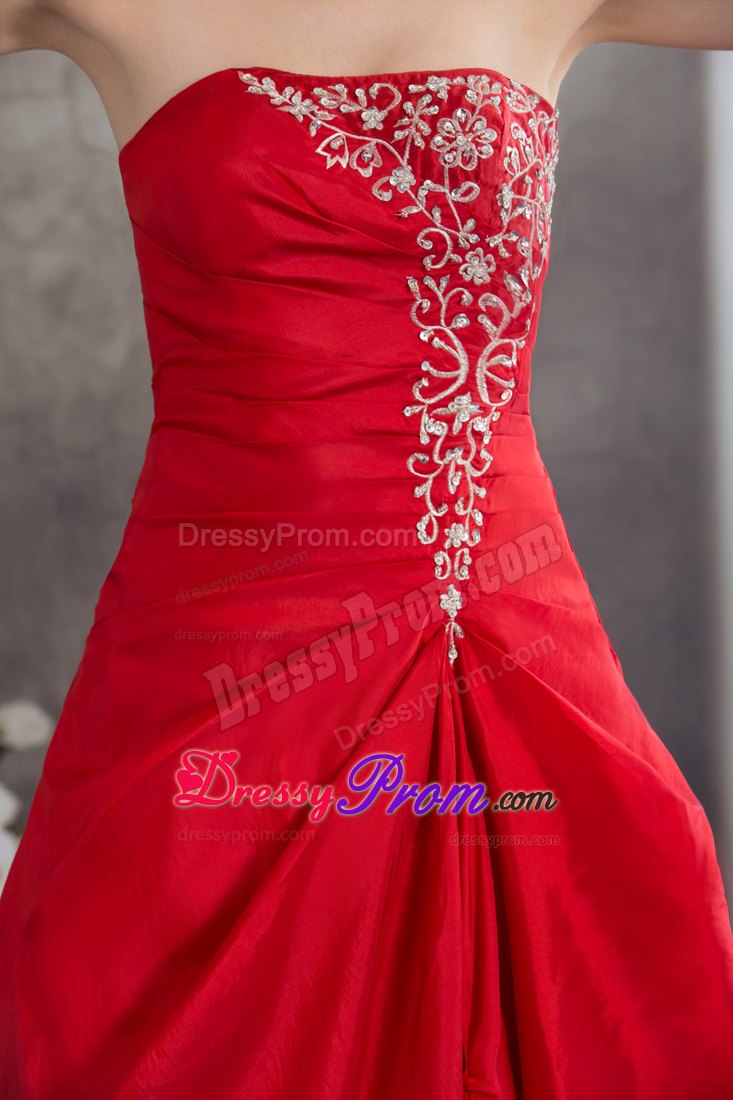 A-line Strapless Floor-length Red Prom Dress with Appliques in Ballarat