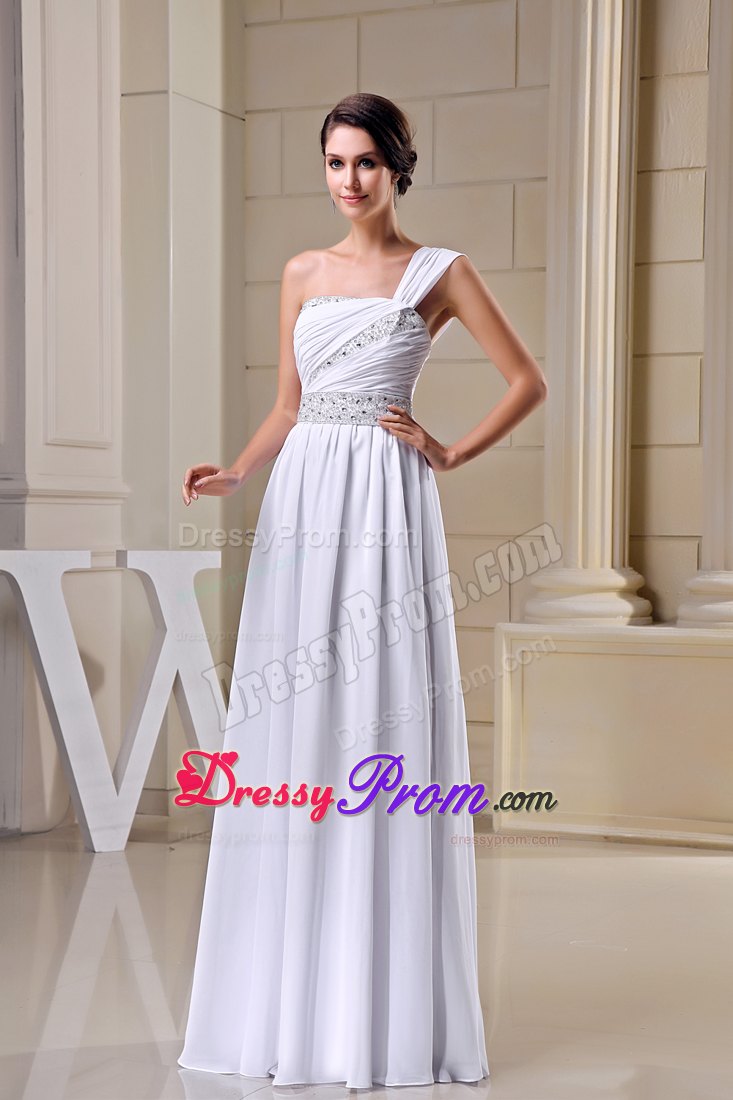 Simple Empire One Shoulder Beaded Ruched White Senior Prom