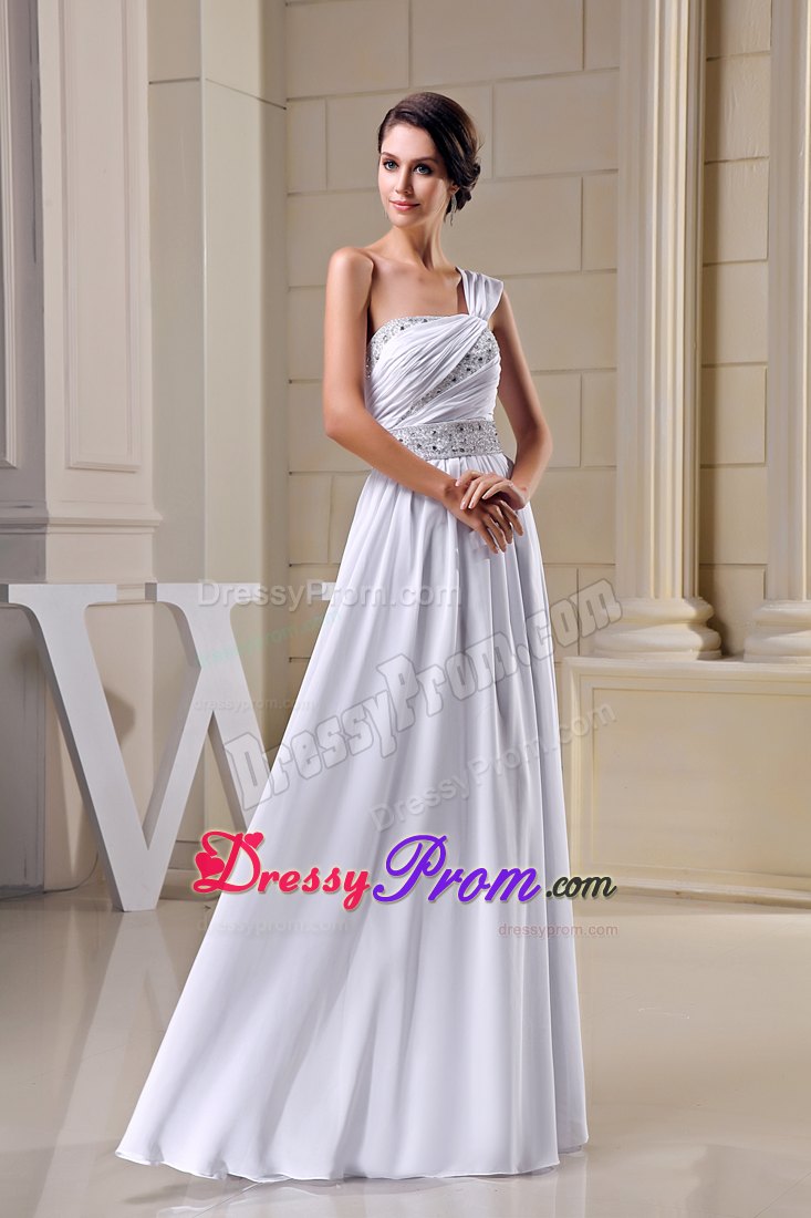 Simple Empire One Shoulder Beaded Ruched White Senior Prom