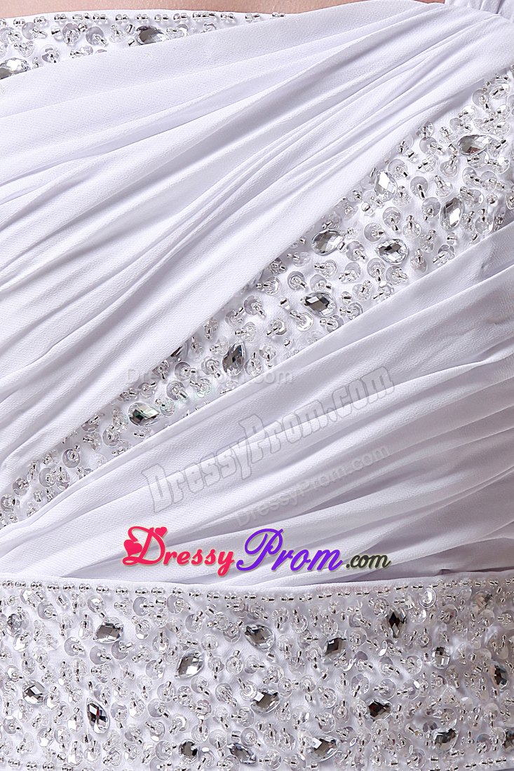 Simple Empire One Shoulder Beaded Ruched White Senior Prom