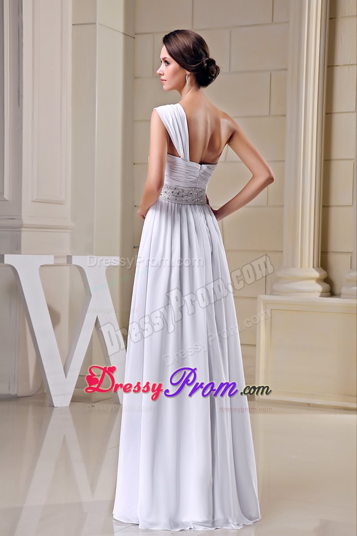 Simple Empire One Shoulder Beaded Ruched White Senior Prom