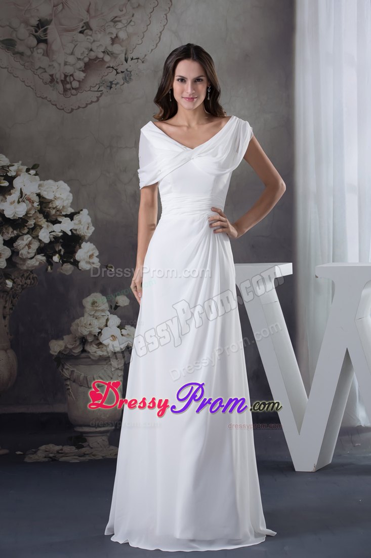 White V-neck Ruching Empire Floor-length Prom Dress with Cap Sleeves