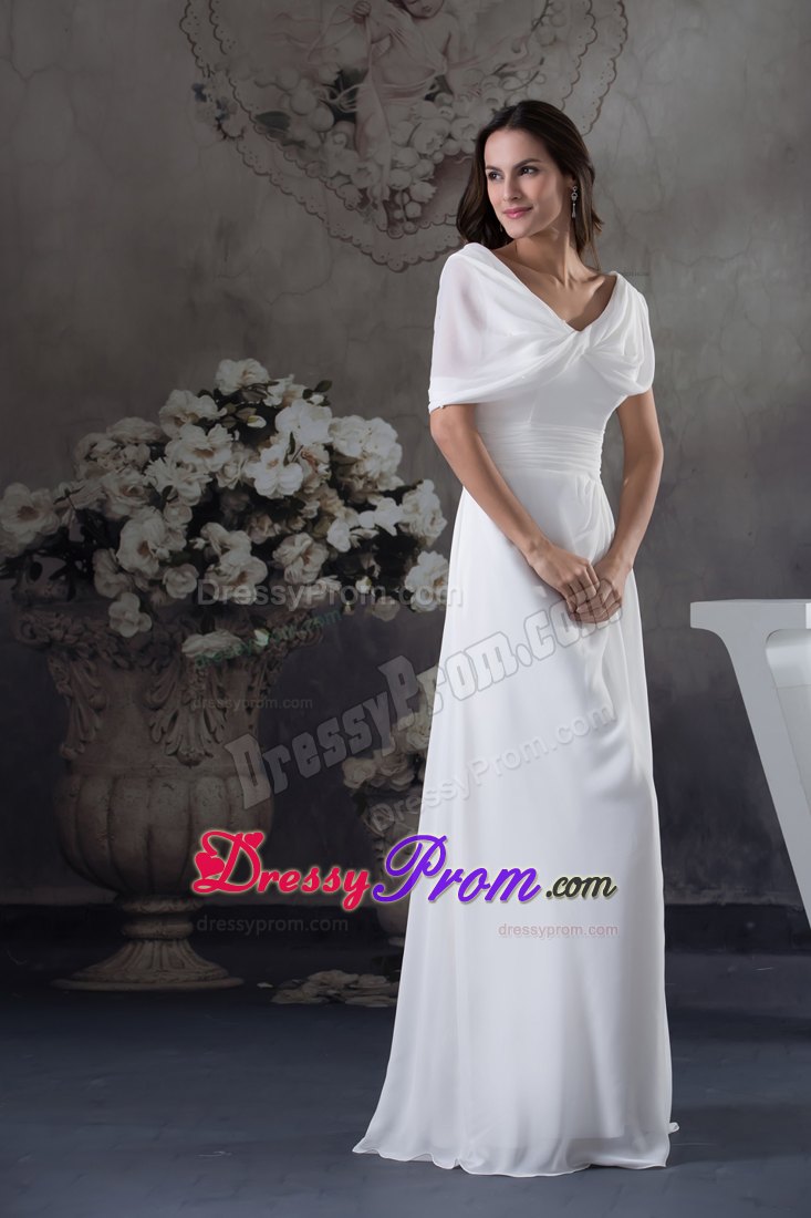 White V-neck Ruching Empire Floor-length Prom Dress with Cap Sleeves