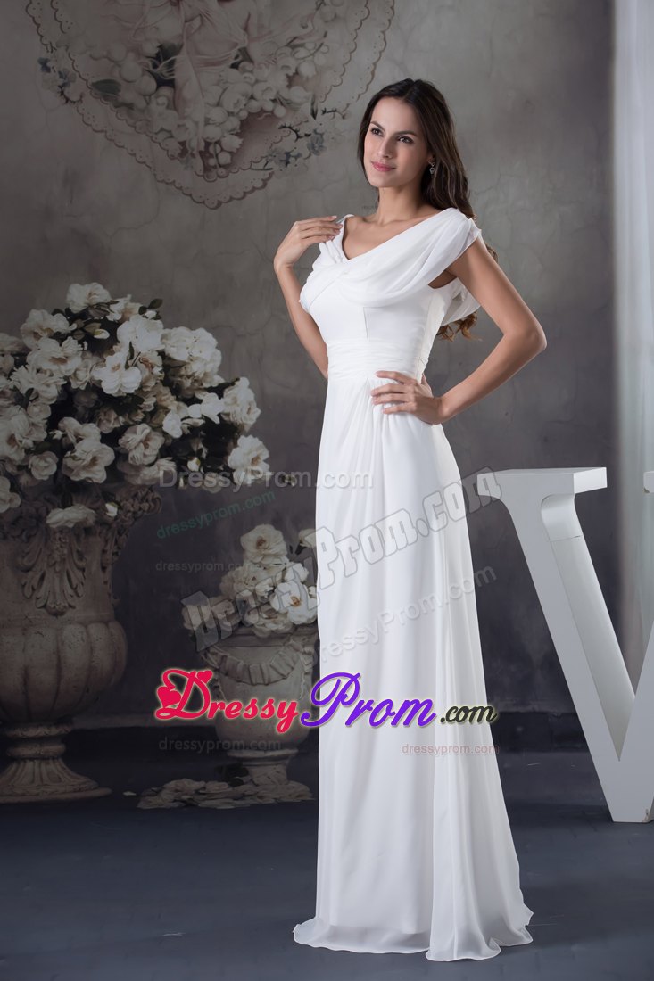 White V-neck Ruching Empire Floor-length Prom Dress with Cap Sleeves