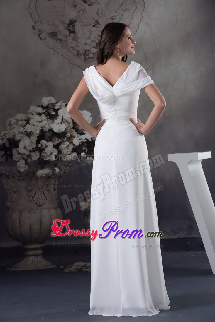 White V-neck Ruching Empire Floor-length Prom Dress with Cap Sleeves