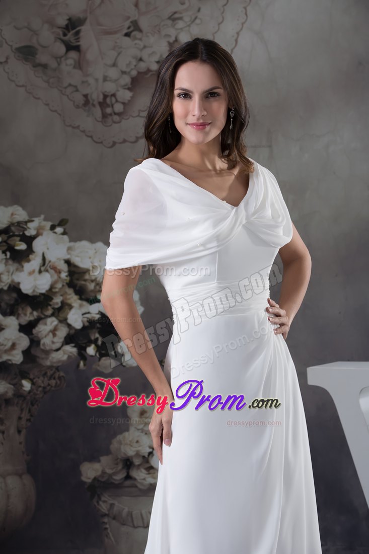White V-neck Ruching Empire Floor-length Prom Dress with Cap Sleeves