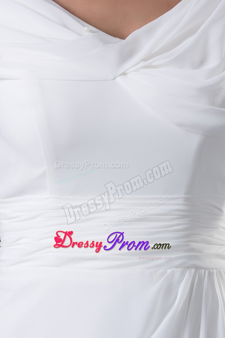 White V-neck Ruching Empire Floor-length Prom Dress with Cap Sleeves