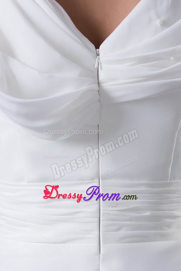 White V-neck Ruching Empire Floor-length Prom Dress with Cap Sleeves