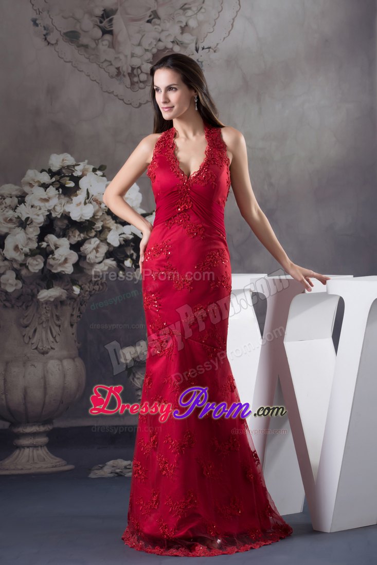 Traditional Sheath Halter top Embroidery Red Prom Celebrity Dress