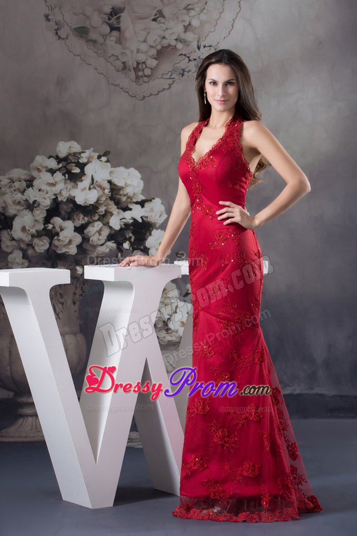 Traditional Sheath Halter top Embroidery Red Prom Celebrity Dress