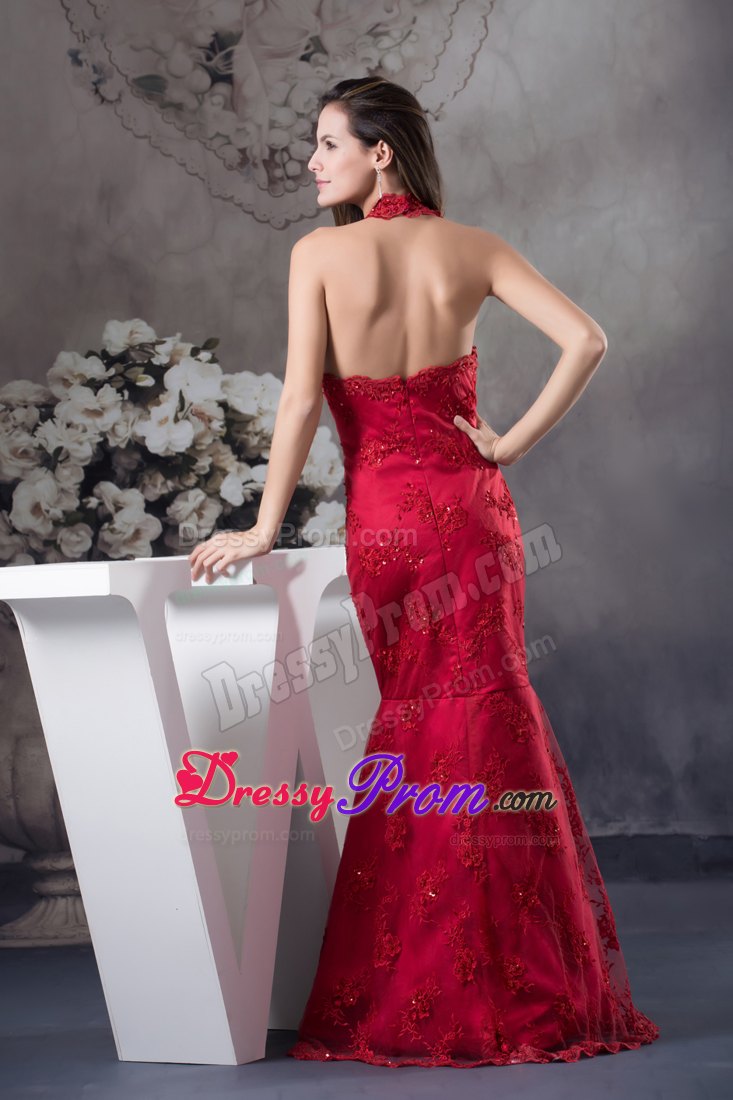 Traditional Sheath Halter top Embroidery Red Prom Celebrity Dress