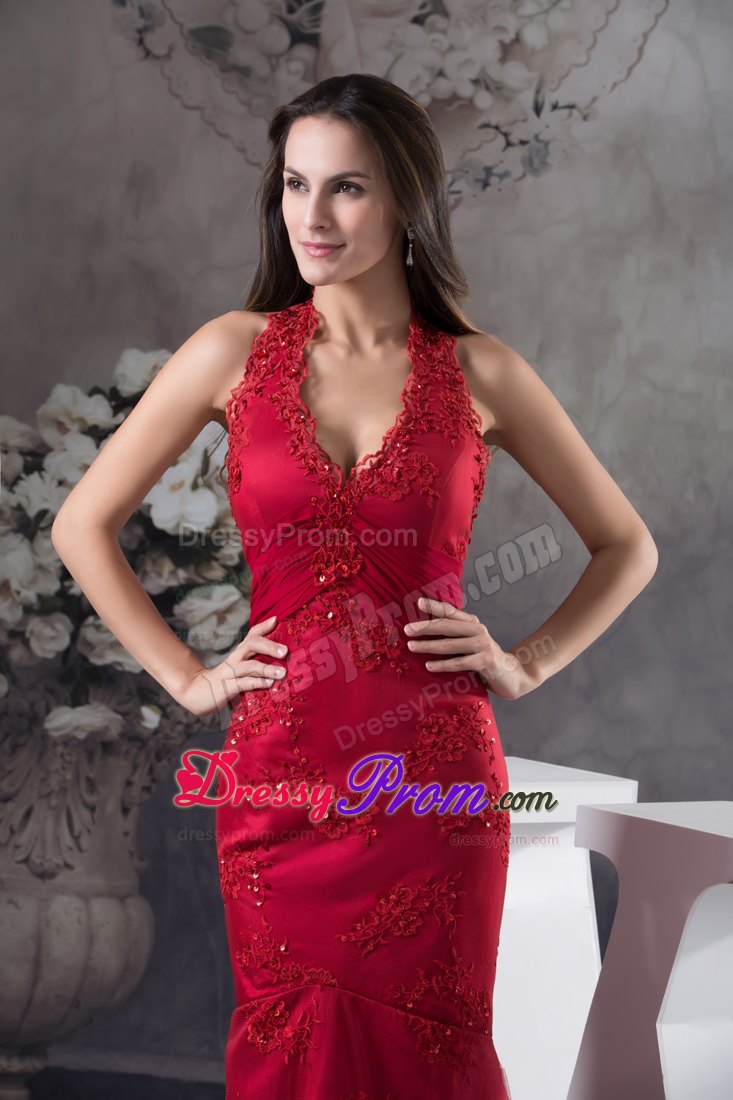 Traditional Sheath Halter top Embroidery Red Prom Celebrity Dress