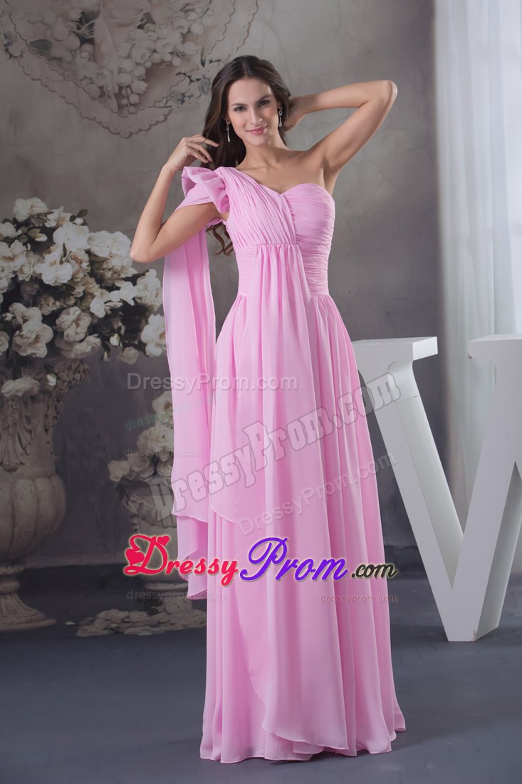 Soft and Feminine Pink One Shoulder Ruched Prom Gown Dress
