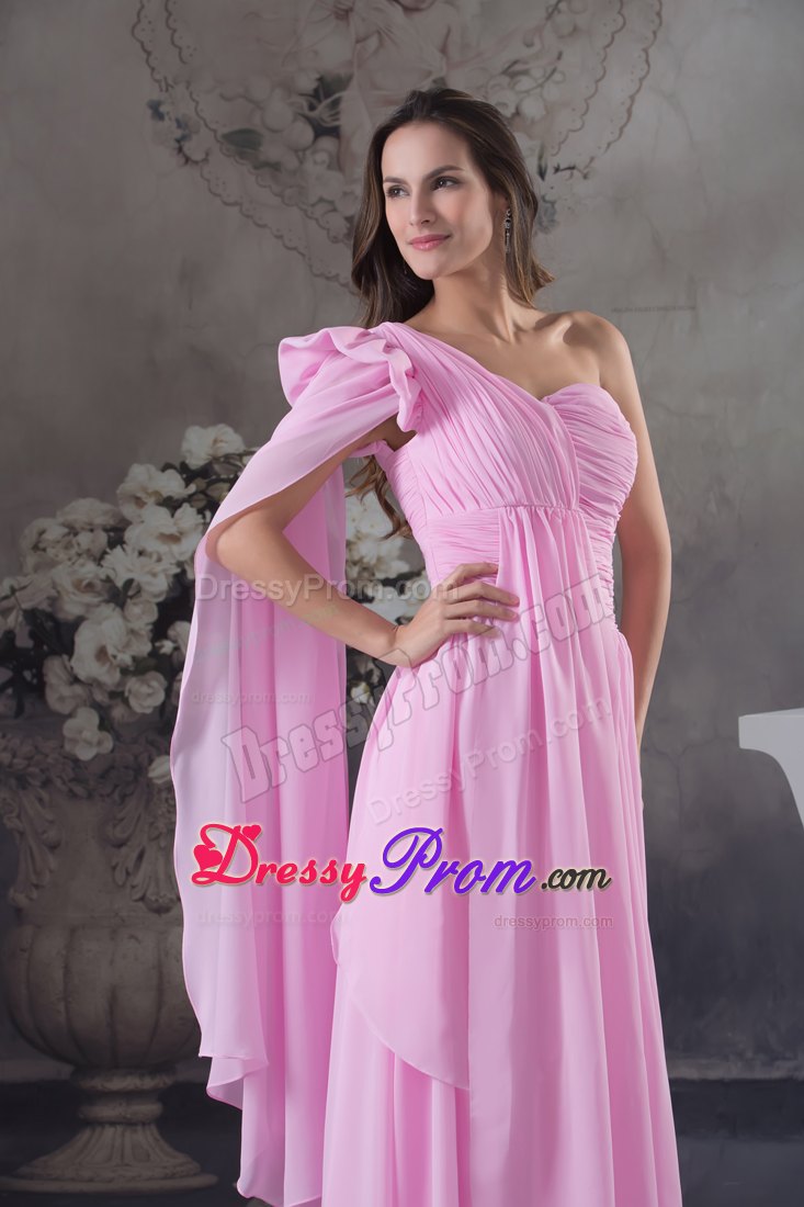 Soft and Feminine Pink One Shoulder Ruched Prom Gown Dress