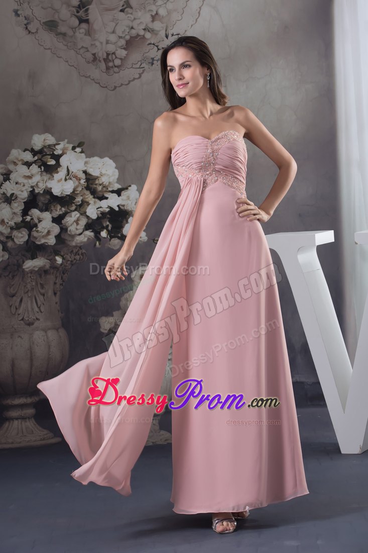 Sweetheart Pink Floor-length Column Prom Dress with Ruche and Beading