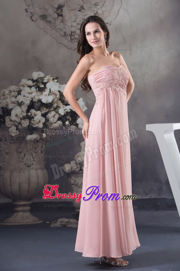 Sweetheart Pink Floor-length Column Prom Dress with Ruche and Beading
