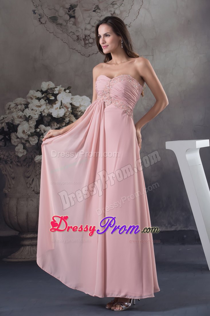 Sweetheart Pink Floor-length Column Prom Dress with Ruche and Beading